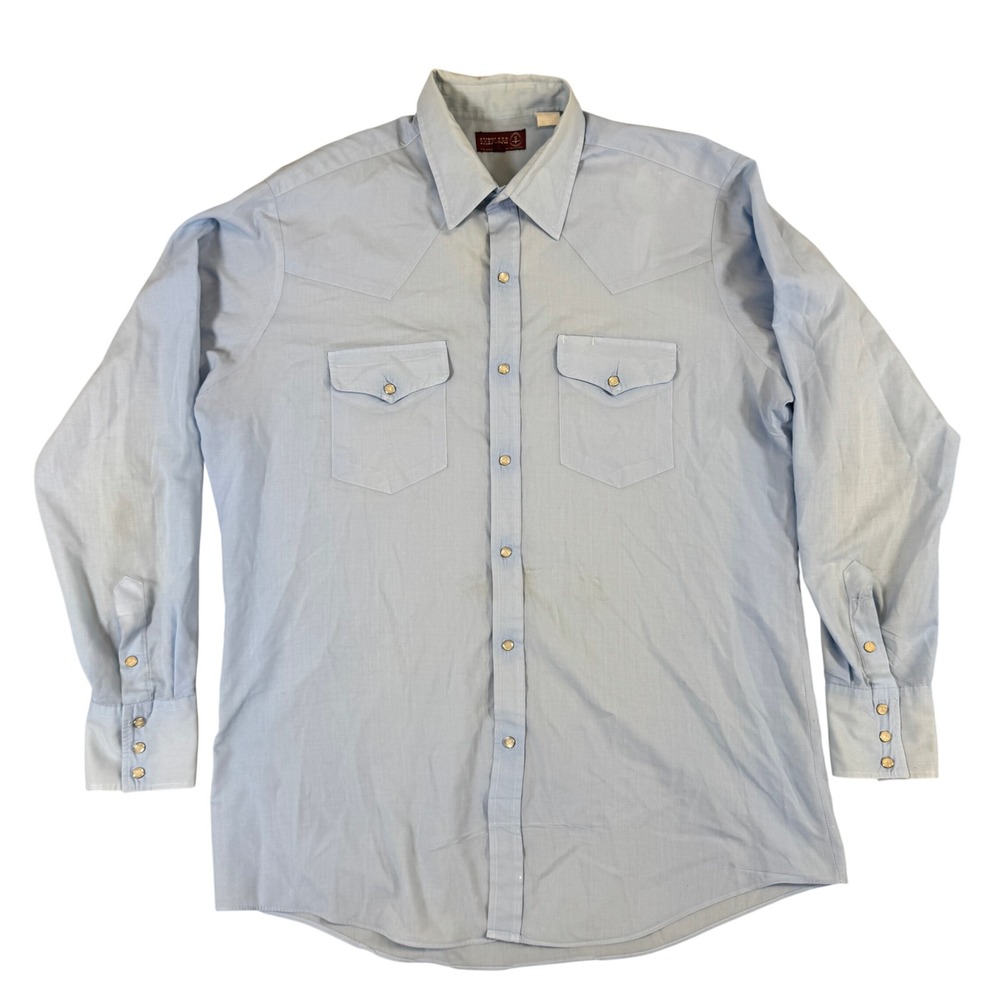 Vintage Sheplers Light Blue Western Pearl Snap Shirt Mens 16.5 x 36 Long Sleeve
